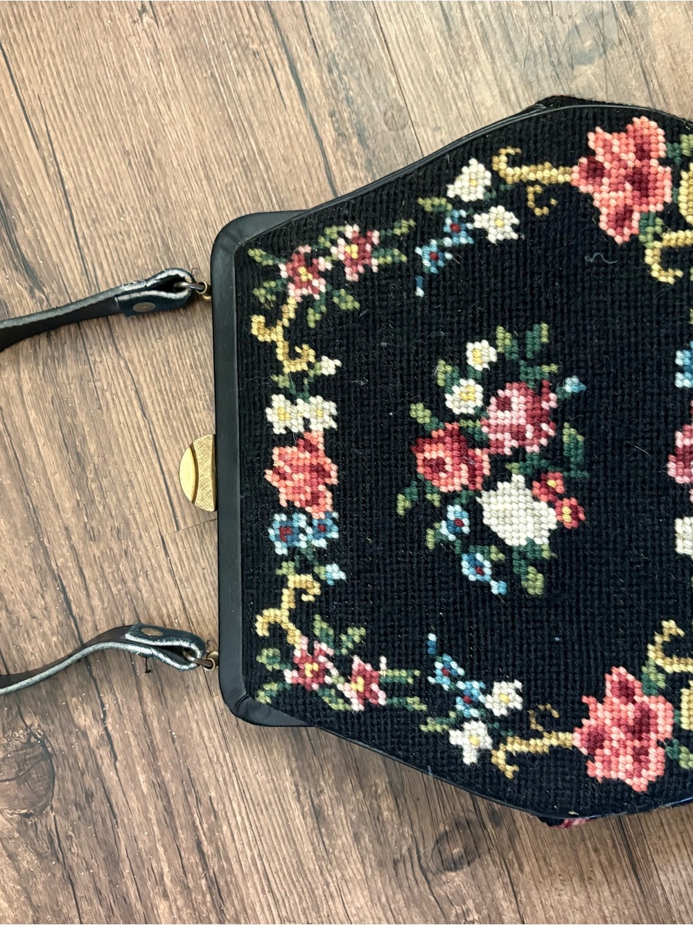 Black Floral Needlepoint Shoulder Bag with Vintage Clasp - Picture 2 of 10